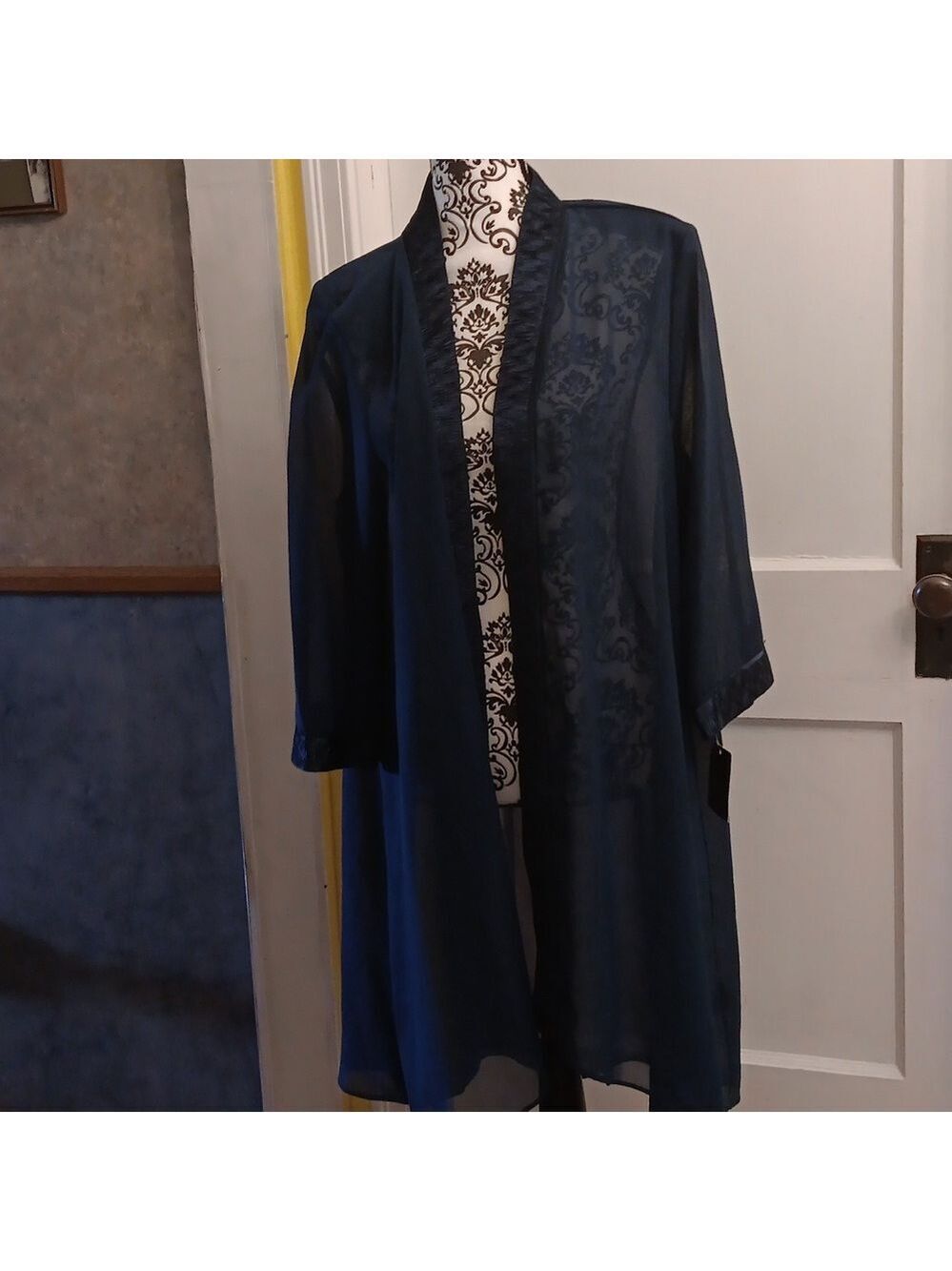  Le Bos Women's  RichTeal Fortuny Trim Long Jacket With Satin Trim NWT Size 18 W